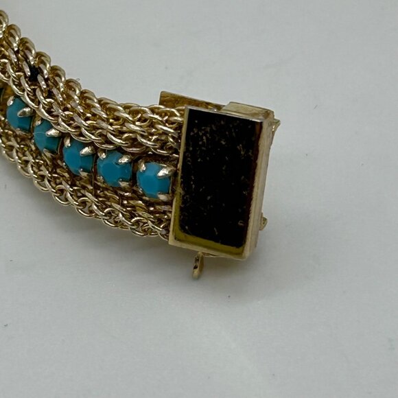 Vintage Gold-Tone Mesh Bracelet Faux Turquoise Stones Secure Clasp 1970s - Picture 10 of 16